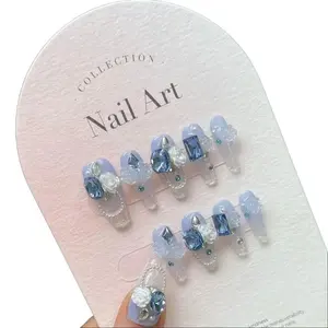 Y50 Jade Crystal Ice Beauty Nails - Blue Frozen Rose, Pure Handcrafted Elegant Finish, Glitter Enhances Tone & Softness, Cat & Heart Magnets