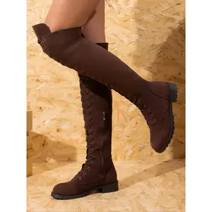 Women's Solid Color Chunky Heel Boots, Stylish Knee-High Lace-Up Design, Comfortable and Versatile Long Rubber Boots for All Occasions