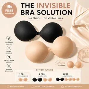 Invisible Adhesive Bra Bundle Set for Women, Strapless Front Clip Bra with Silicone Nipple Covers, Seamless No Show Fabric Bra, Reusable Washable Sticky Bra for Everyday Outfits, Black & Nude 3 PCS Complete Set