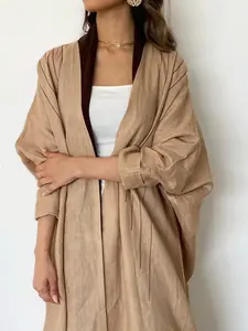 L129  1Beige Linen-Blend Open Abaya with Contrast Trim, Casual Modest Muslim Kimono Outerwear