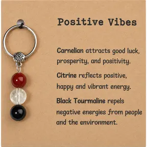 Positive Vibes Natural Stone Keychain with Message Card, Carnelian Citrine Black Tourmaline Bead Key Ring Charm, Lightweight Bag Charm for Car Keys Backpack Purse, Good Luck Gift for Women Friends