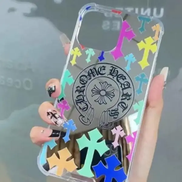 Colorful Chrome Mirror Phone Case with Vibrant Crosses Design for Stylish Protection