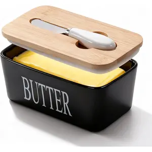 Ceramic Butter Dish with Lid And Knife,Airtight Butter Crock with Lid for Countertop,Premium Large Butter Container for Refrigerator,Butter Tray for Butter Storage (Black)