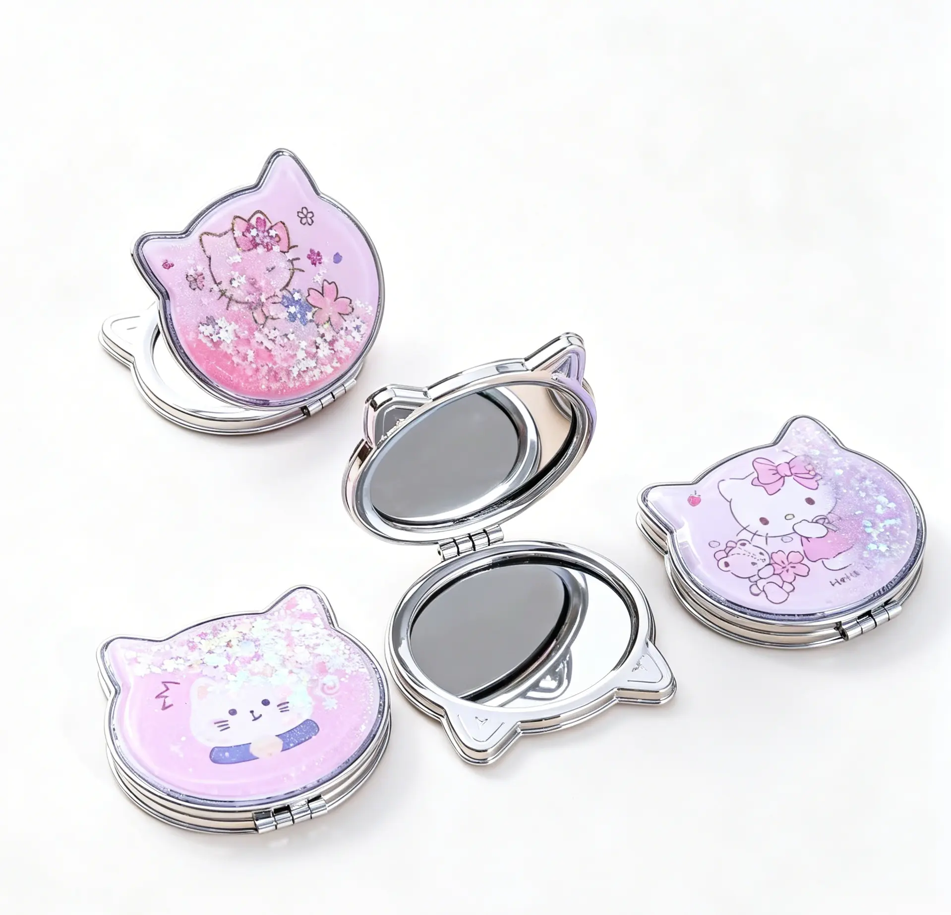 Sanrio Hello Kitty Quicksand Flip‑Top Mirror Double‑Sided Portable Compact Cosmetic Mirror Glitter Flowing Sand Pocket Makeup Mirror for Travel Daily Touch‑Up Gift for Girls Teens