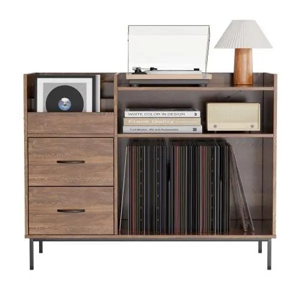 Bellemave Turntable Record Player Stand - Modern TV Console, Storage Television Stand, Adjustable Shelves, 350+ Vinyl Capacity, Speaker Shelf, 2 Drawers, 27.6" for Living Room, Bedroom (Some Assembly Required), Storage Tv Stand