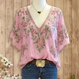 Sage Vell 2026 Summer Women Pink Rose Print V Neck Blouse Casual Batwing Half Sleeve Floral Top Daily Wear Vacation Beach Office Ladies Elegant Retro Bohemian Blouse with Floral Border All Match Casual Tunic Top for Spring Summer