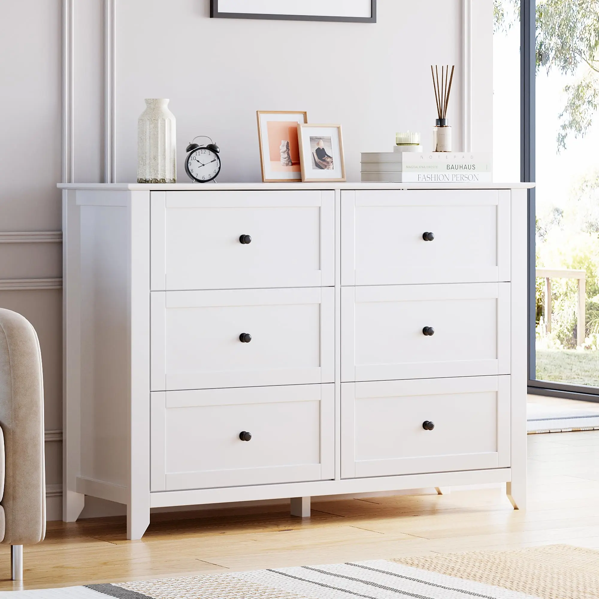 Garvee Sturdy 6-Drawer Tall Rectangle Bedroom Dresser - White Farmhouse Wooden Nursery Dresser Chest with Multiple Storage Drawers, Deep Compartments, Elegant Gold Handles, Closet Storage, Easy DIY Setup (83.9 lbs)