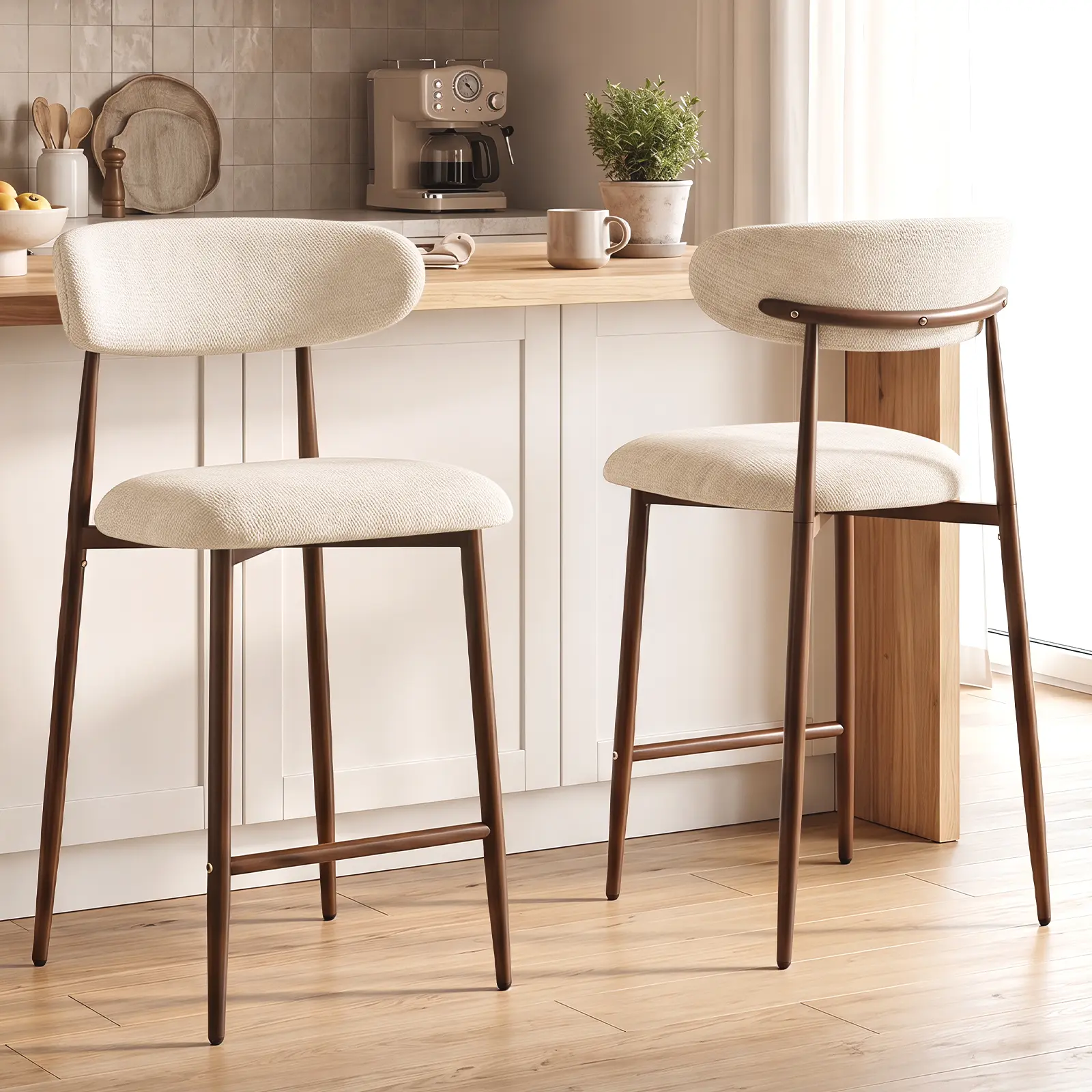 Breathable Linen Curved Back Bar Stools - Mid-Century Modern Counter Height Chairs for Kitchen Island Dining Room Home Bar Set of 2 300lbs Capacity