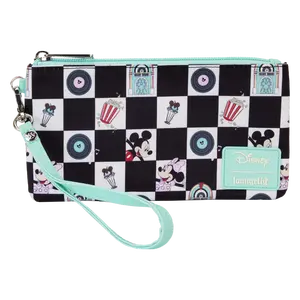 Mickey & Minnie Date Night Diner Checkered All-Over Print Nylon Zipper Pouch Wristlet
