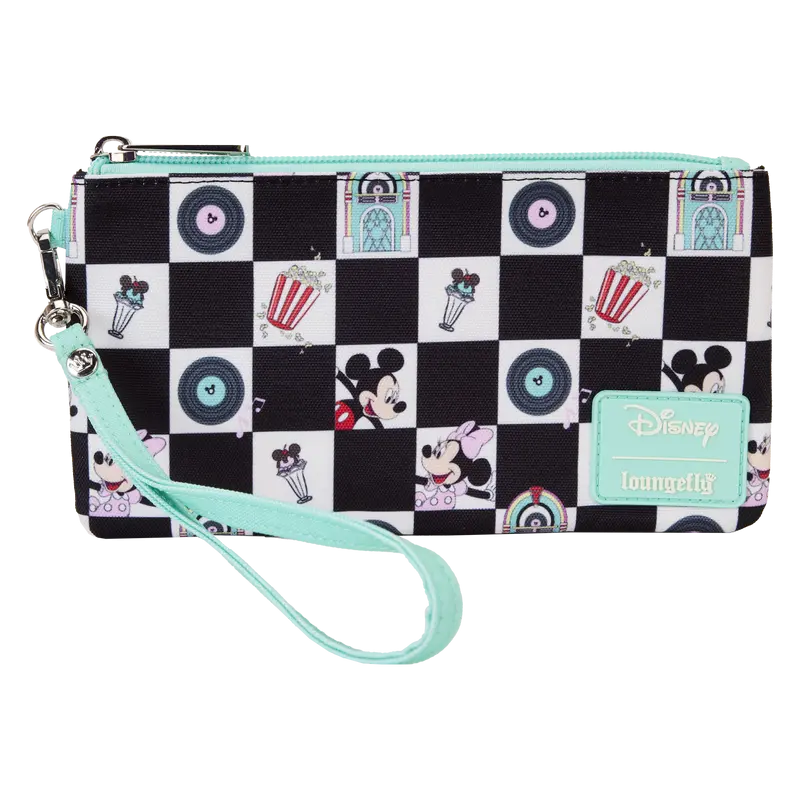 Mickey & Minnie Date Night Diner Checkered All-Over Print Nylon Zipper Pouch Wristlet