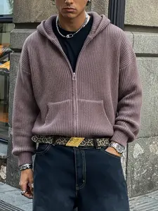 Autumn Winter Loose-Fit Casual Hooded Sweater Jacket, Round Neck Zipper Design Long Sleeve Knitted Coat for Men Women Daily Wear