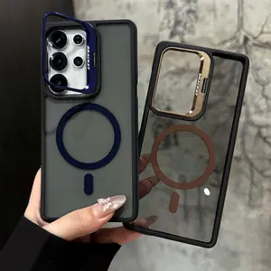 Transparent PC & TPU Case for Samsung Galaxy S25 S24 S23 Ultra, Anti-Slip Side Grips, Built-in Camera Ring Stand with Raised Lens Frame Protection Magnetic Magsafe