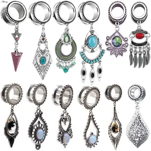 Alisouy 2pc Ear Tunnels and Plugs Flesh 6-30mm Stainless Steel Dangle Gauges Earring Expander Set Eyelet Piercings Body Jewelry