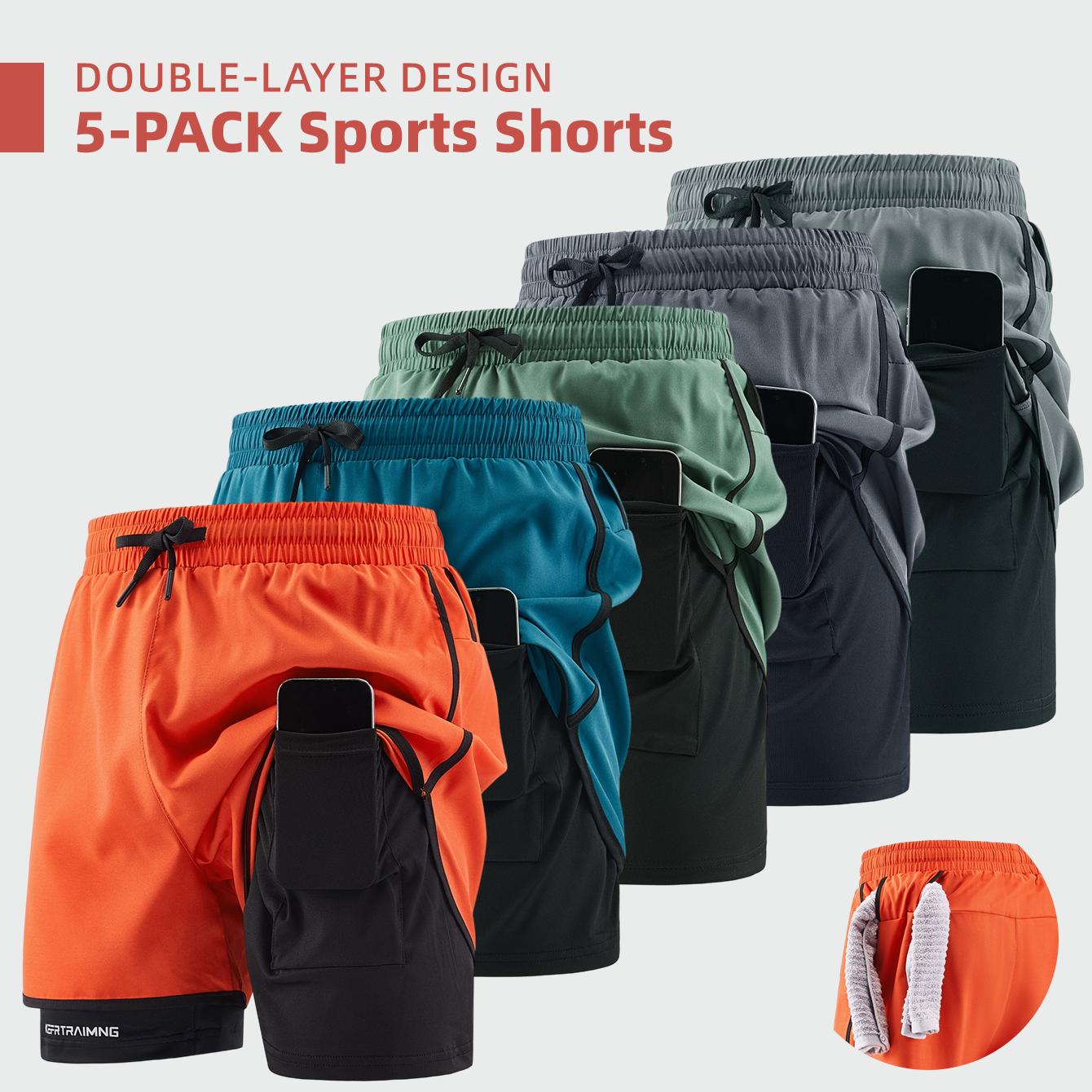 Men’s 5-pack double-layer faux two-piece running shorts with phone pocket and towel loop; quick-drying, breathable, anti-exposure design; lightweight and comfortable; versatile for running, fitness, basketball training, everyday commuting.
