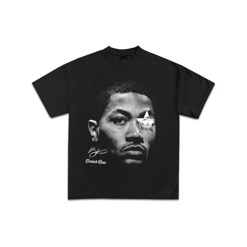 D Rose All Stars Graphic T-Shirt Y2K Vintage Basketball Rap Premium Heavyweight Shirt For Men & Women 220g Pure Cotton Single-Sided Printed Round Neck Short Sleeved T-Shirt Casual Fabric Menswear Soft Top Set Black Streetwear Tshirt