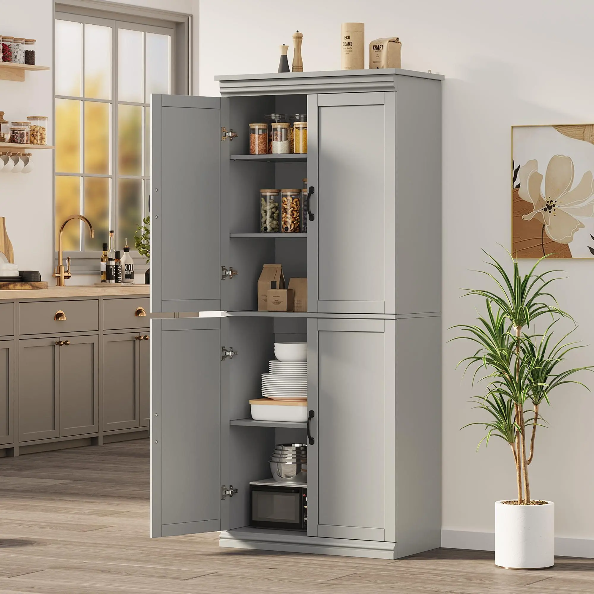 GARVEE 70in Tall Wood Pantry Cabinet with 4 Doors, Adjustable Shelves & Sturdy Base, Modern White Storage Cupboard for Dining Room, Living Room