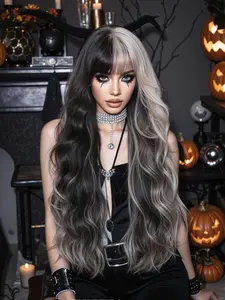 Women's Long Curly Wig with Bangs, Block, Perfect for Cosplay & Daily Use, Fashionable Comfortable Soft Synthetic Hair Accessory, Wavy Wigs, Loose Wave Wigs, Longhair
