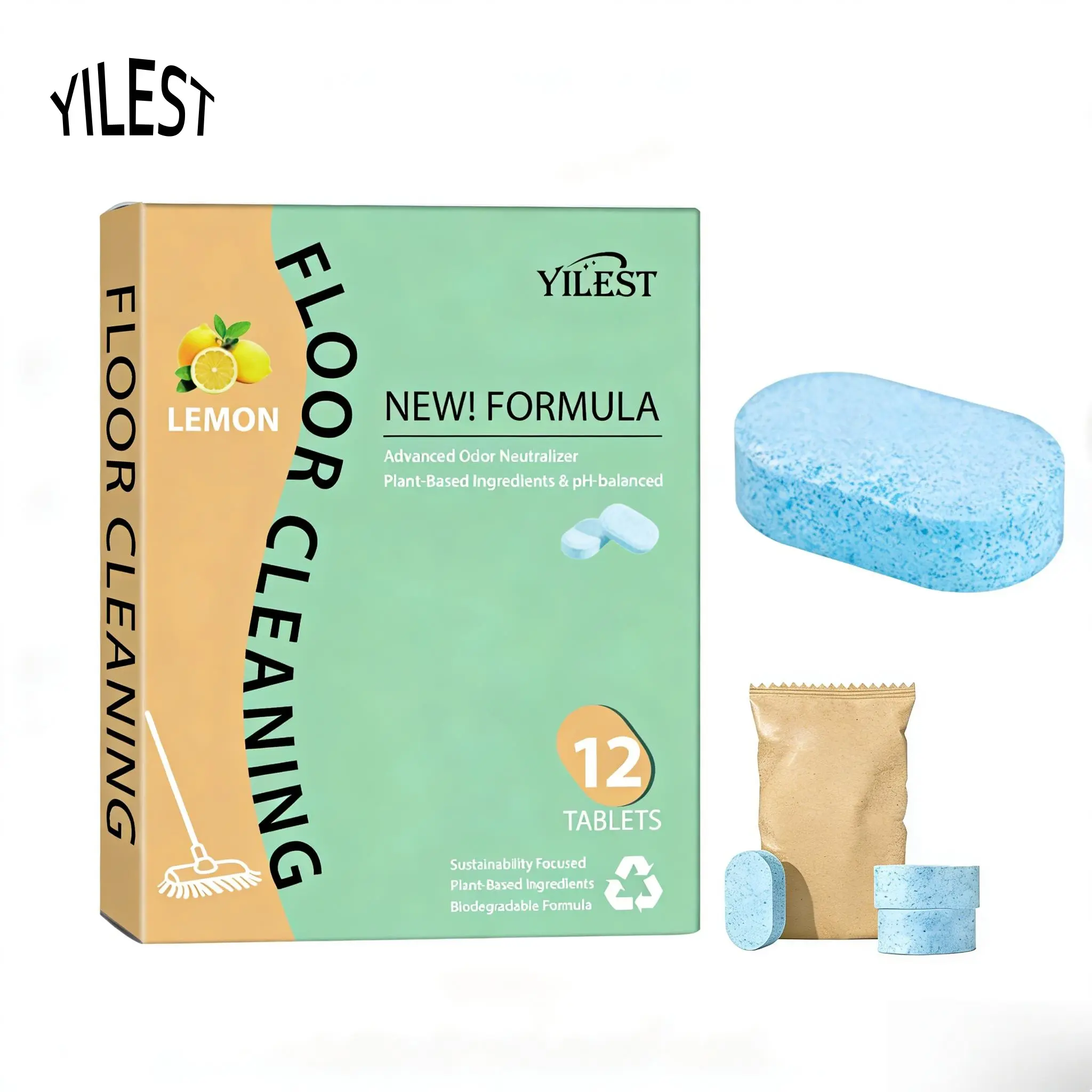 YILEST 12-Count Pre-Dosed Floor Cleaner Tablets, Lemon Scented Eco-Friendly Household Cleaner - Non-Chemical, Fully Biodegradable, All-Floor Safe, Multipurpose Fresh Odor Neutralizer