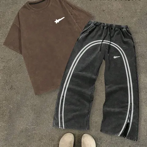 Men's Star & Striped Print Cotton Tee & Pants Set, Loose Fashion Round Neck Short Sleeve T-shirt & Trousers for Daily Outdoor Wear, Men's Clothing for Spring & Fall