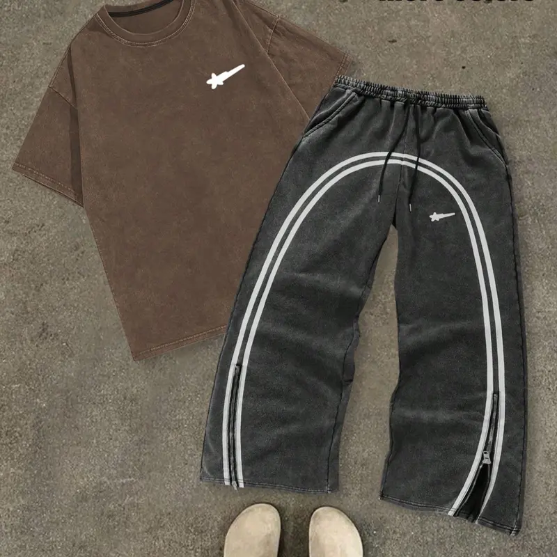 Men's Star & Striped Print Cotton Tee & Pants Set, Loose Fashion Round Neck Short Sleeve T-shirt & Trousers for Daily Outdoor Wear, Men's Clothing for Spring & Fall