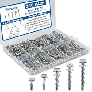 145 PCS Self Tapping Screws for Metal – 410 Stainless Steel Self Drilling Screws Kit, Multiple Sizes (#10 with Washers), Hex Head, Rust-Resistant for Wood, Plastic, Roofing, DIY Projects