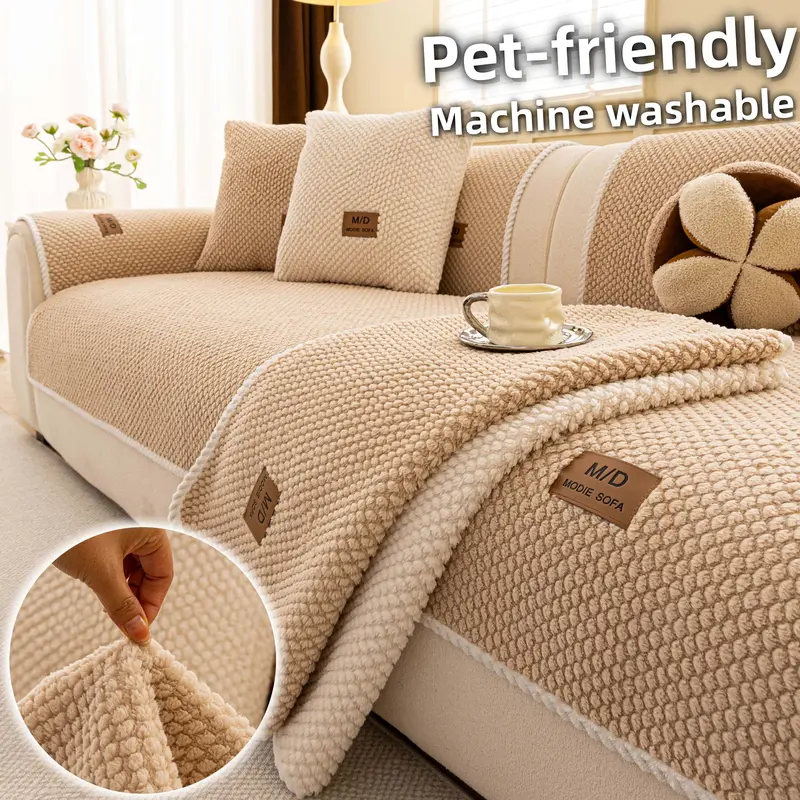 Pet Friendly Plush Sofa Cover, Couch Slipcover, Soft Teddy Fleece Couch Seat Pad, Non Slip Sofa Protector Mat, Machine Washable Anti Scratch Couch Cover for Dogs Cats, Furniture Cover for Sectional Loveseat Living Room