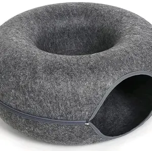 Cat Cave for Indoor Cats - Large Cat Donut Cat Tunnel Bed with 3 Toys, Scratch Resistant, Non-Pilling, Polyester Fiber, Gray