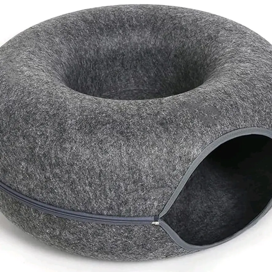 Cat Cave for Indoor Cats - Large Cat Donut Cat Tunnel Bed with 3 Toys, Scratch Resistant, Non-Pilling, Polyester Fiber, Gray