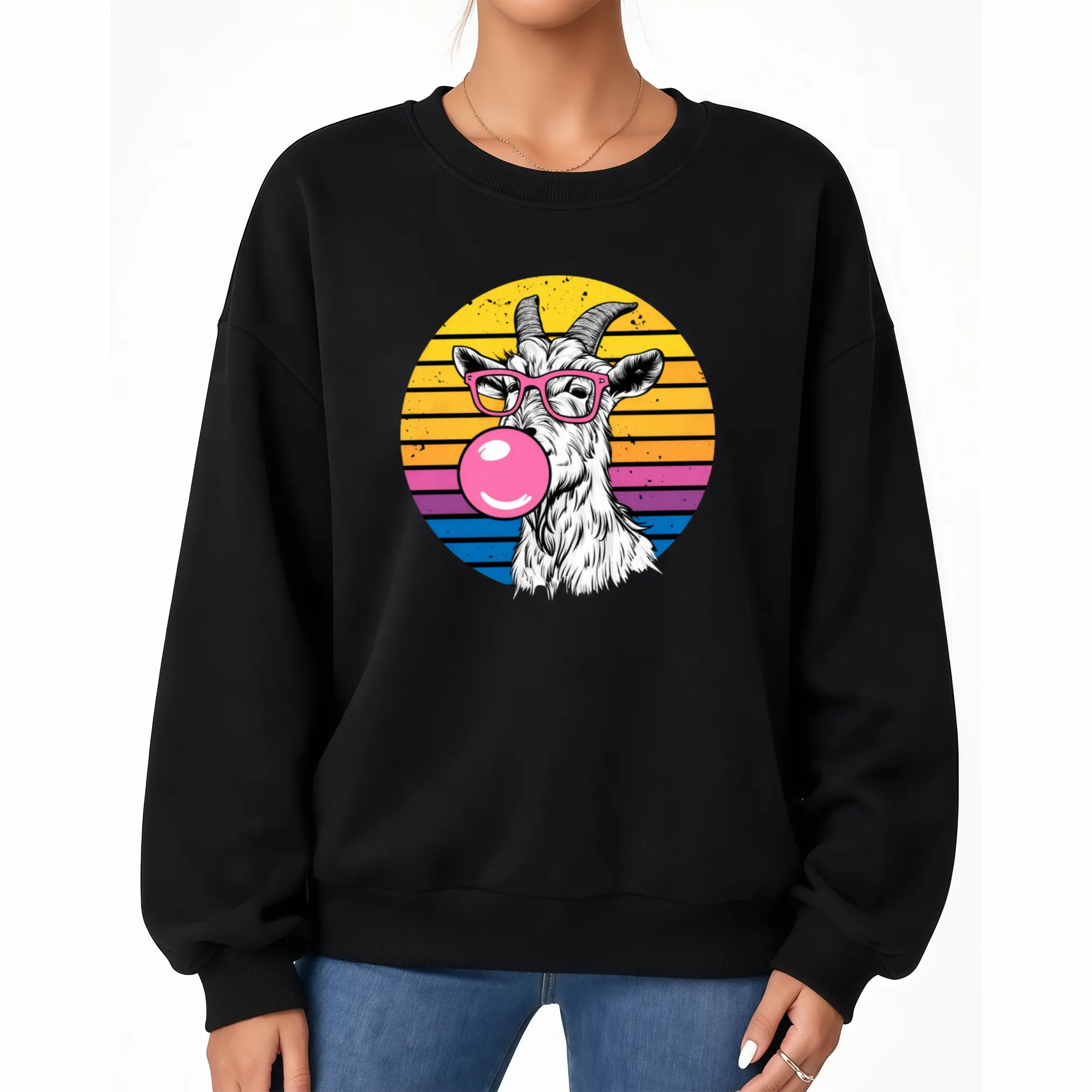 Women's Long Sleeve Crew Neck Sweatshirt Featuring a Goat with Pink Glasses Print – Perfect Casual Wear for Spring and Summer