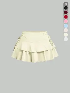 Women's Solid Color Ruffle Trim Tie Side Skirt, Casual Fashion Short Skirt for Daily Outdoor Wear, Ladies Bottoms for Summer