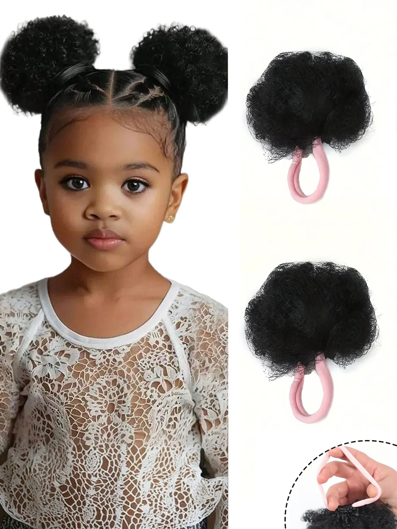 2PCS Girl's Ponytail Double Afro Puffs, Kinky Curly Hair Bun for Little Girls, Natural Black Synthetic Elastic Hair Ties Accessories, Children, Cute Hair Accessories, Hair Decor, Hairstyle Accessory