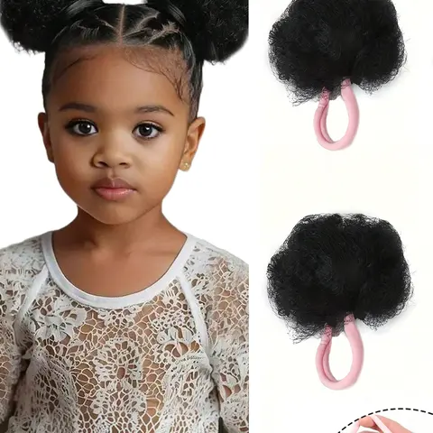 2PCS Girl Ponytail Double Afro Puffs Kinky Curly Hair Bun For Little Girls Natural Black Synthetic Hair Ties Hair Accessories