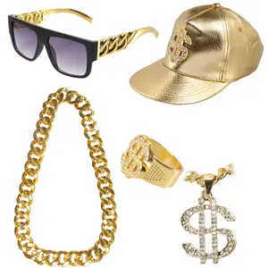80s 90s Hip Hop Costumes Outfit for Men Golden Chain Money Chain Dollar Sign Baseball Cap Punk Sunglasses Rapper Accessories
