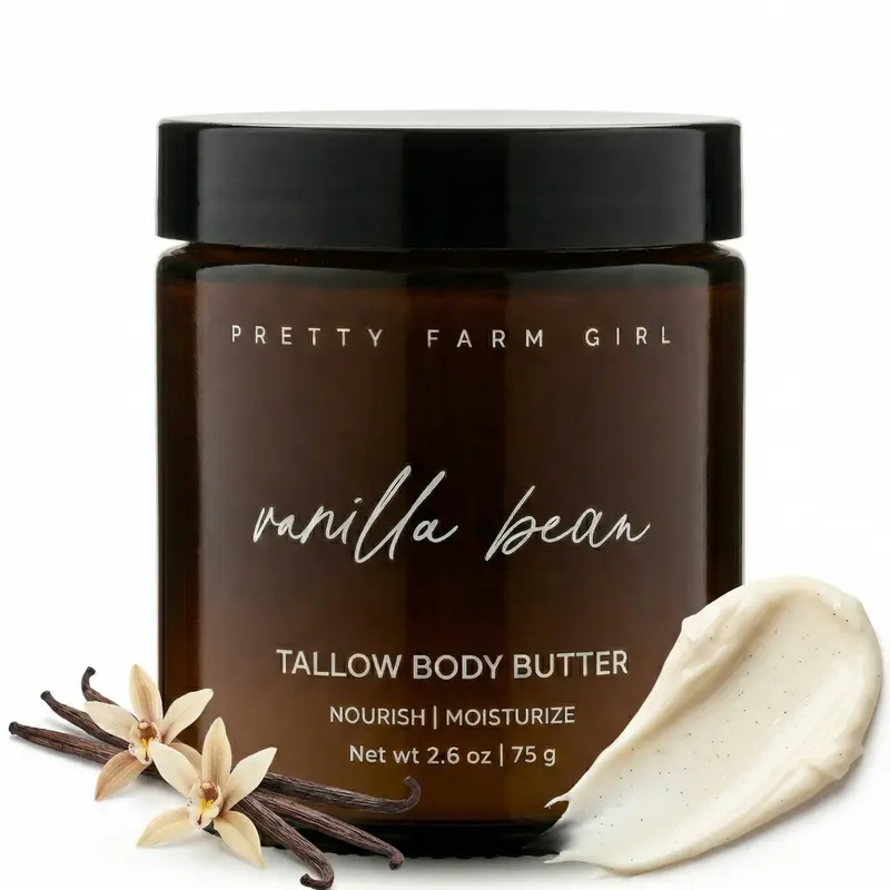 Pretty Farm Girl Vanilla Bean & Tallow Whipped Body Butter - Organic Blend for Soft Radiant Skin - 2.6oz Moisturizer