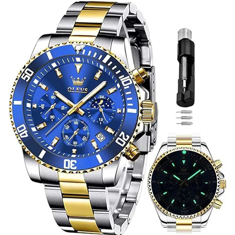 OLEVS Mens Watches Chronograph Luxury Dress Moon Phase Quartz Stainless Steel Waterproof Luminous Business Calendar Wrist Watch 2870