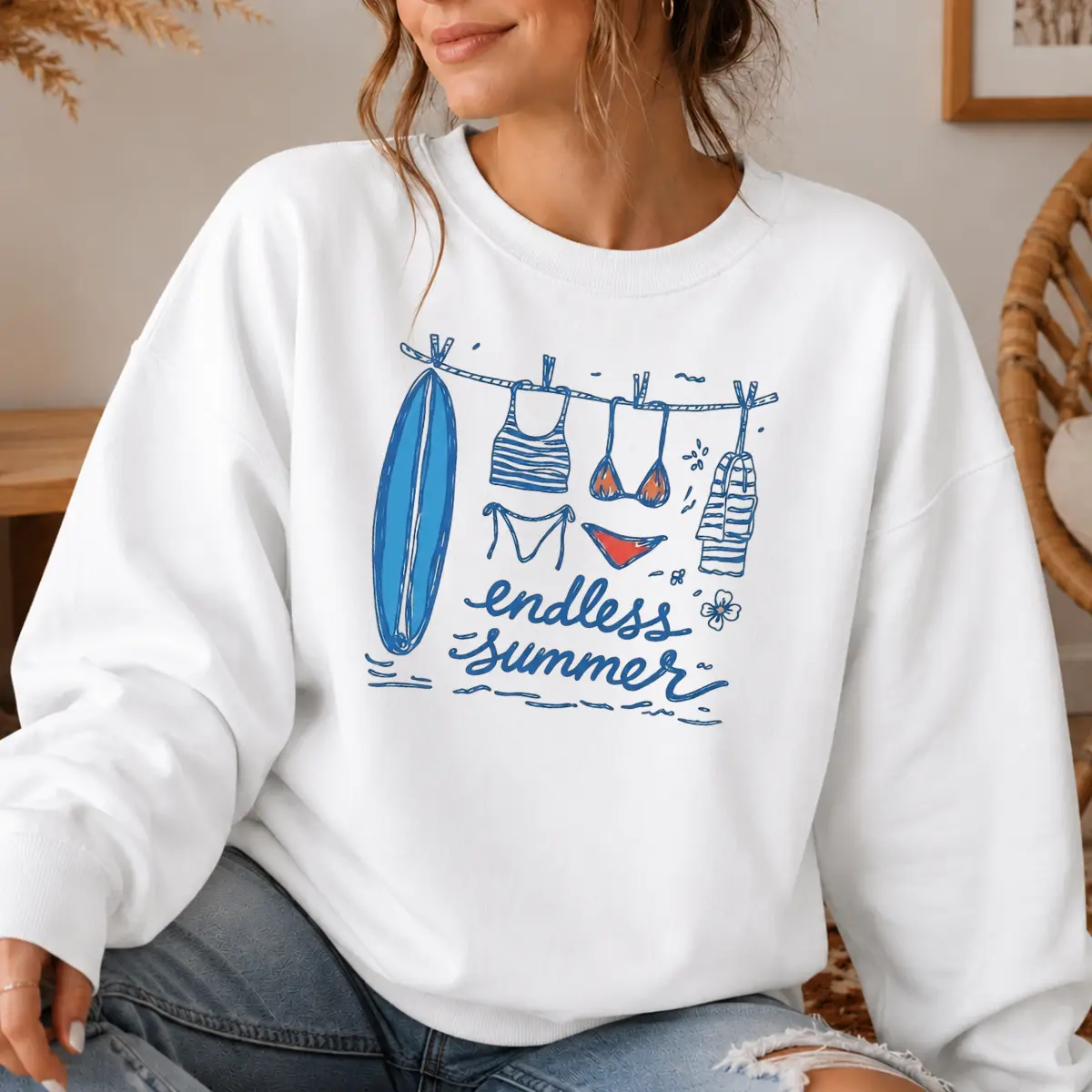 Endless Summer Sweatshirt, Summer Beach Graphic Crewneck, Surfboard Swimsuit Vacation Shirt, Cute Summer Vacation Pullover, Beach Lover Gift, Coastal Summer Outfit, Women's Casual Sweatshirt