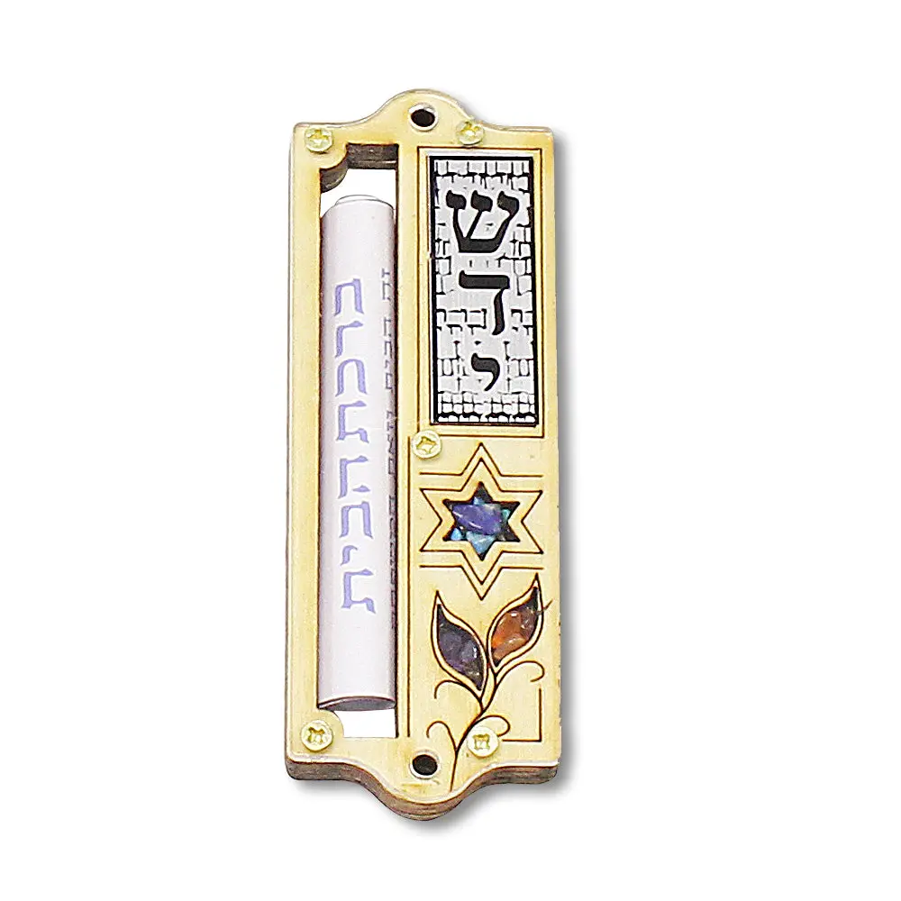 4" Wooden Jewish Mezuzah Case - Star of David, Simulated Gemstones, Office Stationery Desk Organizer Accessory with Versatile Decor (Room, Living Room), Ideal Gift, Room Decor