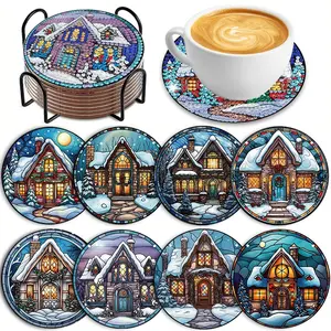 8-Piece Diamond Painting Set with Stand, Creative Castle Theme Coaster Set, Sparkling Diamond Art Wooden Mosaic Craft Kit