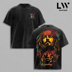 Pirates of the Caribbean Jack Sparrow Graphic Tee | Johnny Depp Movie Portrait T-Shirt | Vintage Washed Oversized Fit | Heavyweight Cotton | Pirate Adventure Movie Streetwear | Unisex