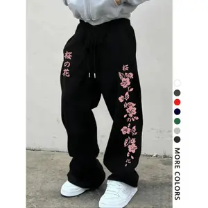Men's Casual Loose-Fit Sweatpants, Japanese Cherry Blossom Print, Drawstring Wide Leg Pants, All-Season Comfortable Men's Clothing