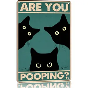 Funny Black Cat Wall Art "Are You Pooping?" Vintage Bathroom Decor Poster Retro Gothic Home Decor for Apartment or House 8 x 12 Inch Durable Metal Construction