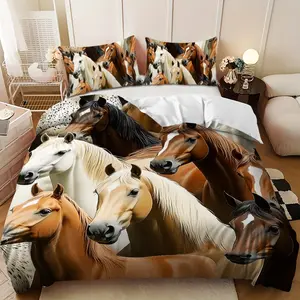 Bedding 3-piece set - 3PCS,brown and white multi-colored horse portrait down comforter set (1 comforter cover + 2 pillowcases, filling not included). soft and comfortable, suitable for family bedrooms. Bed Sets Supplies