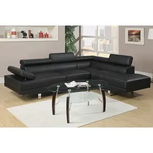 Wade Logan Poundex F7310 2 pc Black Faux Leather Modern Sectional Sofa with Adjustable Headrests & Chrome Legs for Living Room Furniture