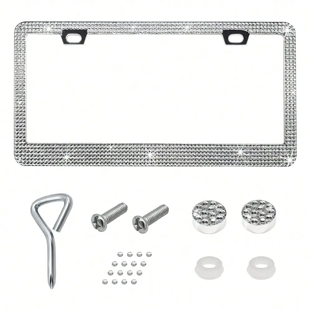 1 PC Bling License Plate Frame, Stainless Steel Rhinestone License Plate Holder With Mounting Kit, SparFKing Bling Diamond License Plate Cover