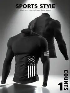 Men's High Neck Long Sleeve Slim Fit Thermal Top, Casual Letter Pattern, Summer Wear, Moderate Fabric Thickness, H Type Silhouette, Thermal Menswear