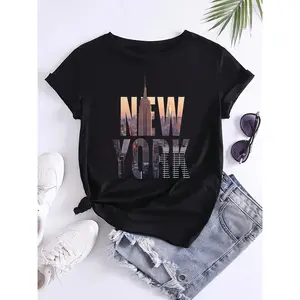 Polyester Graphic Print Women's T-Shirt New York City Skyline - 100% Short Sleeve Crew Neck Casual Top, Lightweight 180gsm Breathable Fabric, Machine Washable Regular Fit for Spring & Summer