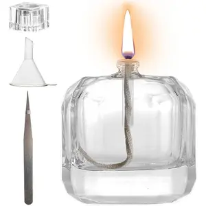 Small Refillable Clear Glass Oil Lamp Unscented Candles for Fine Dining Restaurants or Home Cotton Wick and Holder Included