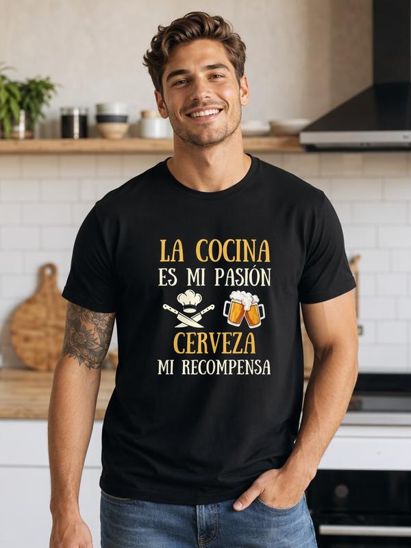 Men's Cotton Casual Short-Sleeve Crew Neck Graphic T-Shirt - Vintage Fitted Menswear Top, Funny Spanish Chef Graphic Print with Beer Mugs & Chef's Hat, Cold & Machine Washable
