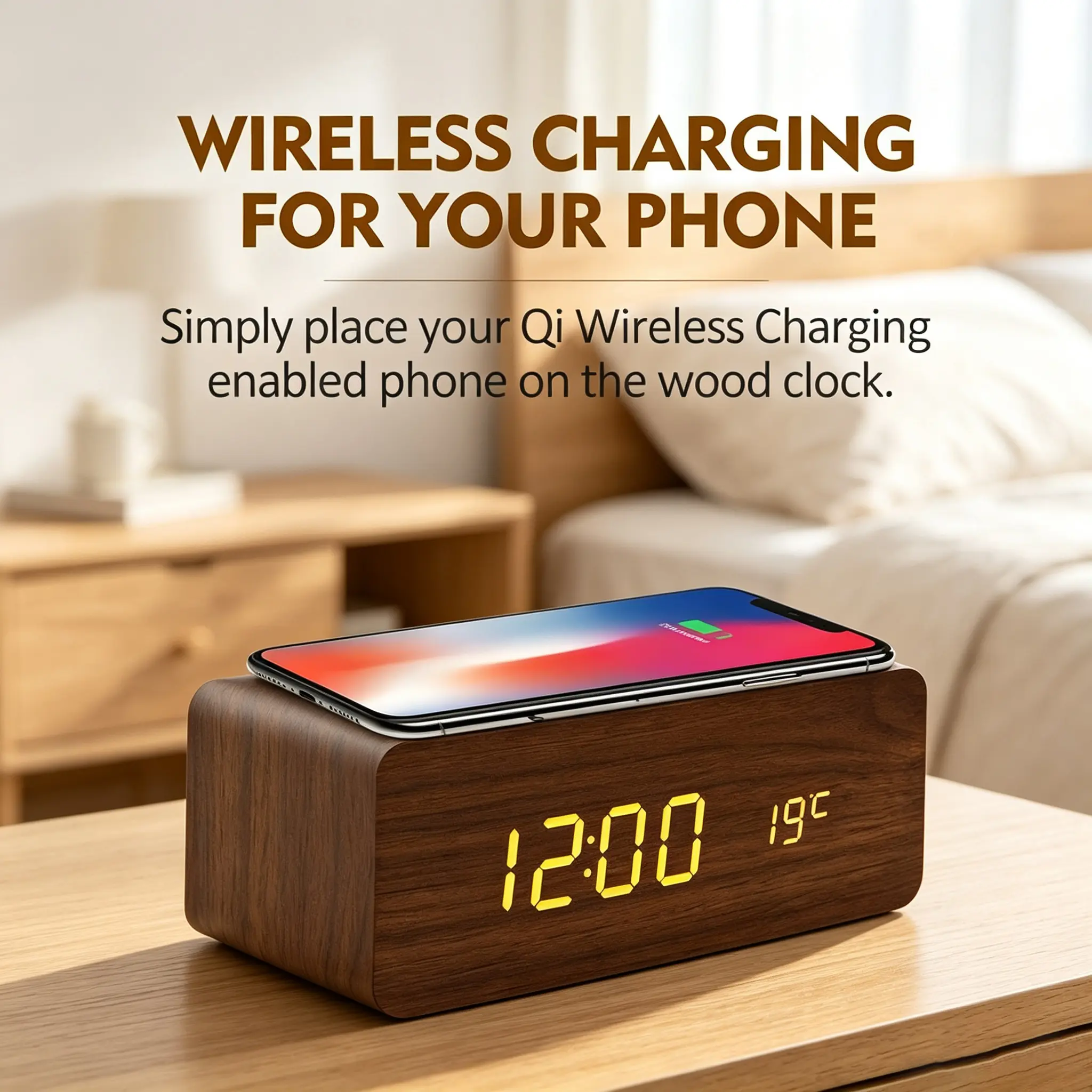 Modern Wooden Digital Alarm Clock with Wireless Charging Pad Minimalist LED Desk Clock Smart Voice Control Temperature Display 3 Alarms Aesthetic Home Office Bedroom Decor Nightstand Wood Clock Qi Charger Station