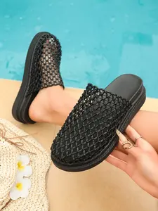 Woven Mesh Platform Mule Clogs, Closed Toe & Breathable Net, Ultimate Boho & Summer Vibe, PU Upper, Rubber Sole, Less Than Ankle Height, Women